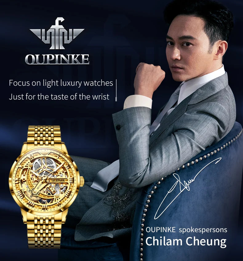 OUPINKE 3173 Luxury Gold Mechanical Watch For Men Hollow Top Brand Original Automatic Wristwatch 50M Waterproof Luminous Watches