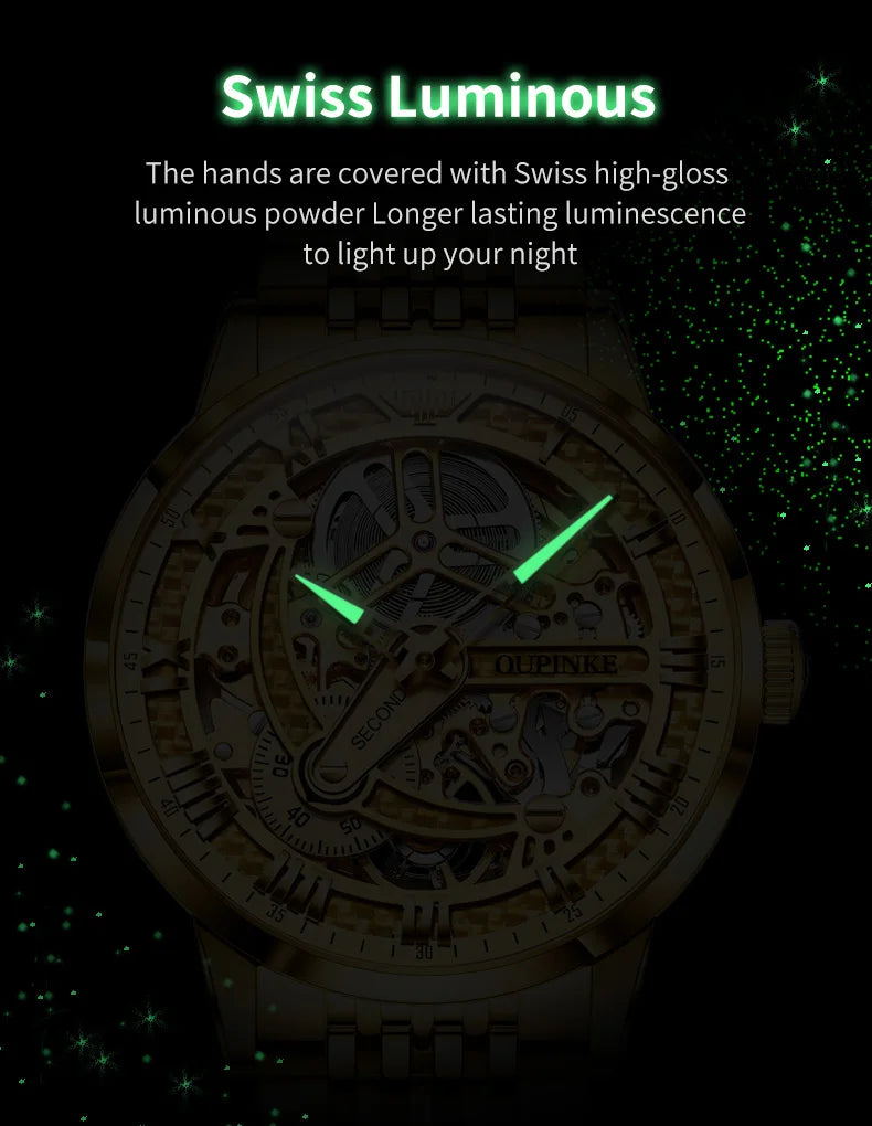 OUPINKE 3173 Luxury Gold Mechanical Watch For Men Hollow Top Brand Original Automatic Wristwatch 50M Waterproof Luminous Watches