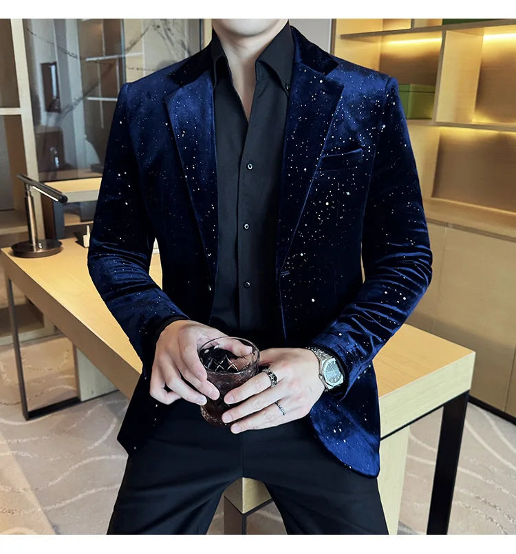 2024 Autumn New Velvet Jacket Men's Blazer Business Fashion Hot Stamping Printed Suit Jacket High-quality Luxury Dress Suit