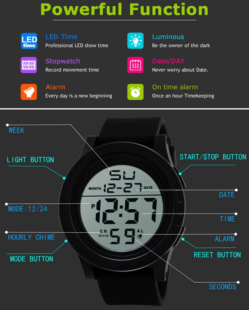 YIKAZE Men's Digital Watches Waterproof Outdoor Men Sports Watch Fitness Electronic Watch Military Sports Clock Kids Gifts