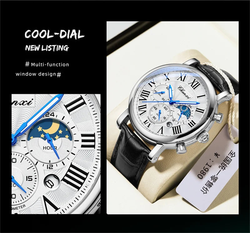 CHENXI 973 Men's Wristwatch Multi-functional Business Watch Moon Phase Date Waterproof Rome Dial Leather Quartz Watches for Man