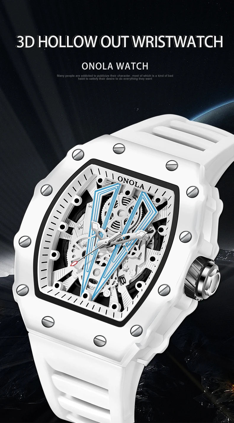 ONOLA Tonneau Mens Watch Fashion White Male Clock Luminous Calendar Water Resistant Silicone Tape Watches for Men Reloj Hombre