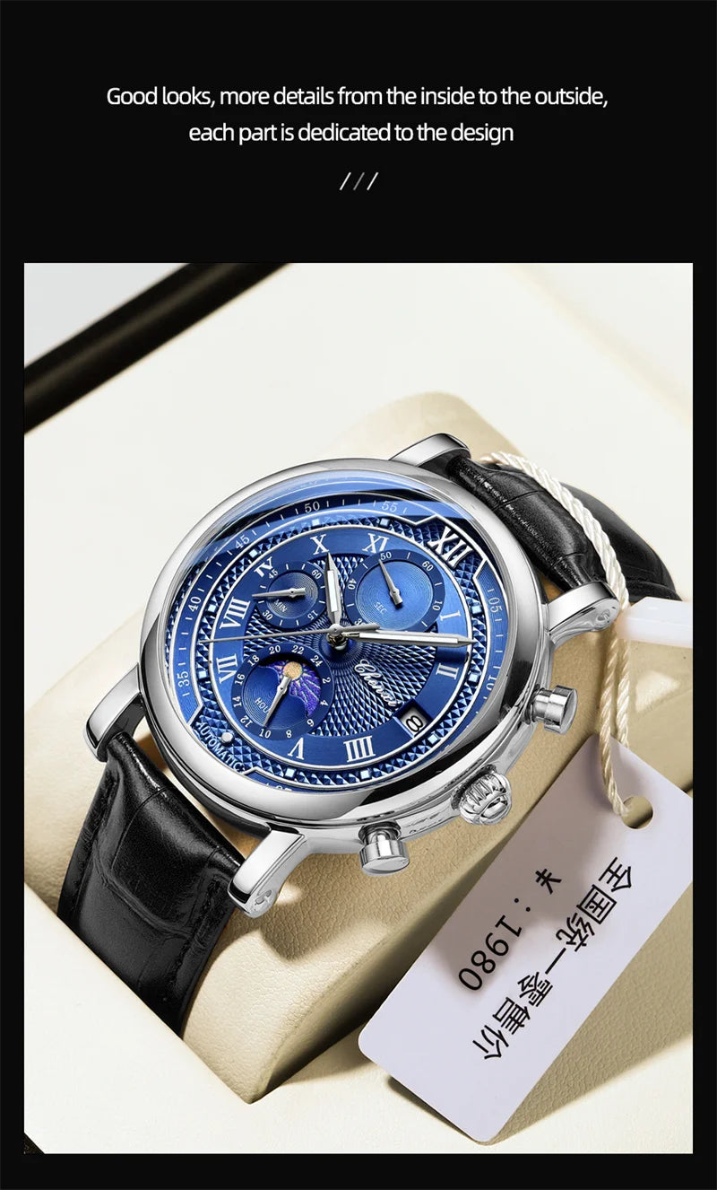 CHENXI 976 Men's Watch Leather Chronograph Date Quartz Watches Phase Moon Timing Business Luminous Wrist Watch Relojes para