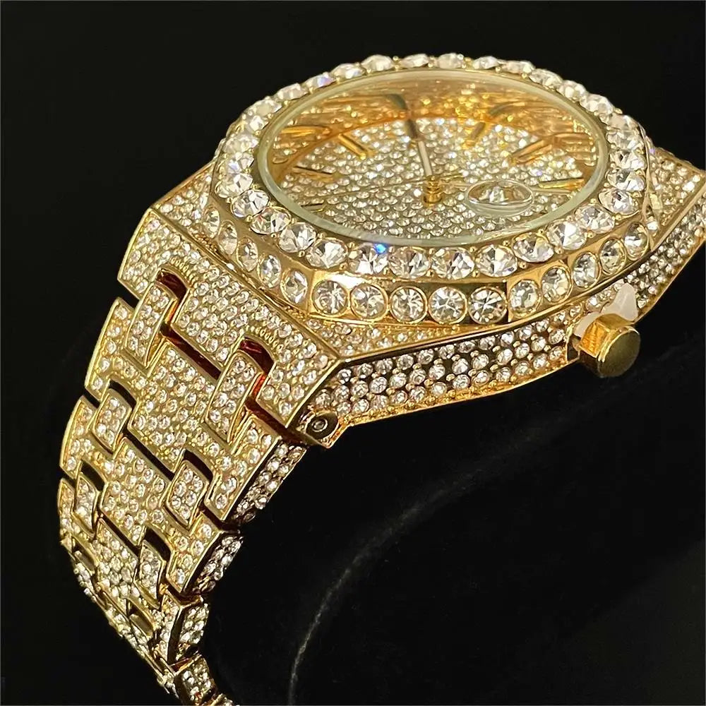 2024 New Hip Hop Mens Quartz Watch Brand MISSFOX Luxury Automatic Date Iced Out Clocks Man Fashion Green Full Diamond Wristwatch