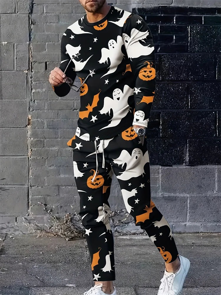 2024 New 3D Skull Print Men's Long Sleeve T-shirt And Pants Autumn Everyday Casual Men's Fashion Halloween Suit Two-piece