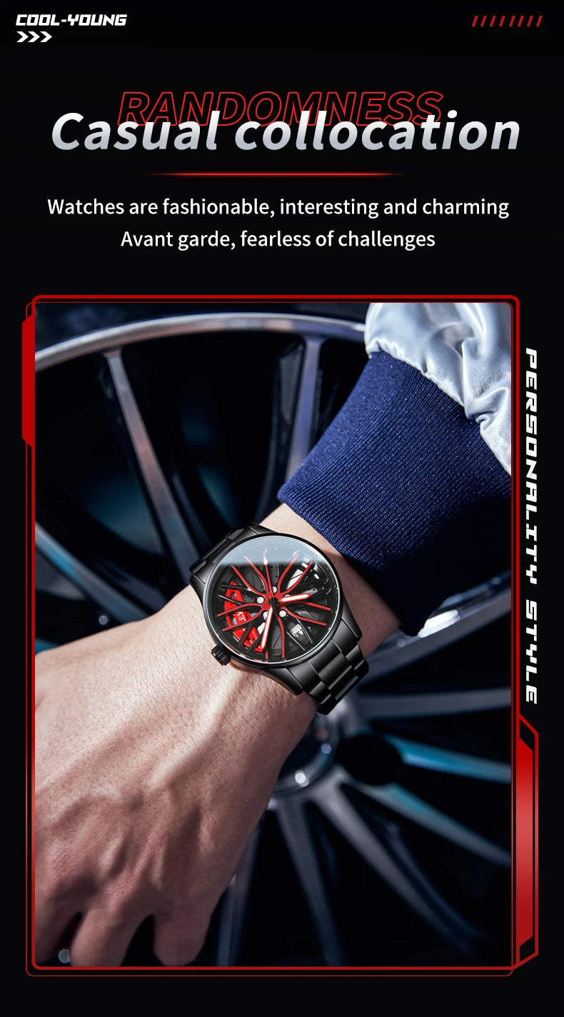 OLEVS Men Quartz Watch Car Wheel Rim Hub Dial Male Wristwatch Cool Man Black Red Waterproof Watches Full Steel Relogio Masculino