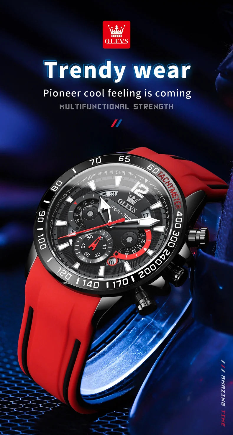 OLEVS 9936 Silicone Strap Multi-function Men Wristwatch, Waterproof Quartz Sport Watch For Men Luminous Chronograph Calendar