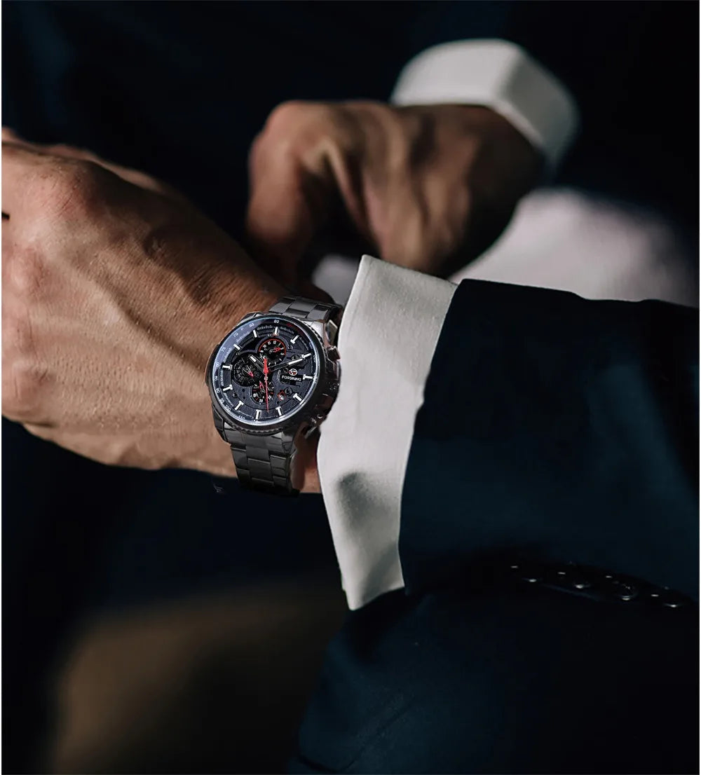 Forsining Top Men's Watches Military Stainless Steel Waterproof Date Week Display Brand Automatic Mechanical Watch for Men