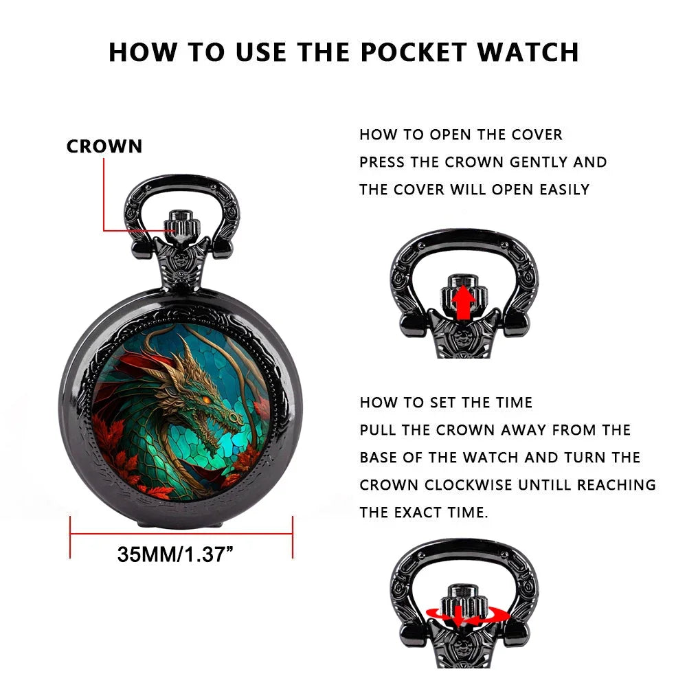 Creative Azure Dragon Design Quartz Pocket Watches for Women Men Watch Unique Pendant Clock Necklace Kids Jewelry Gifts