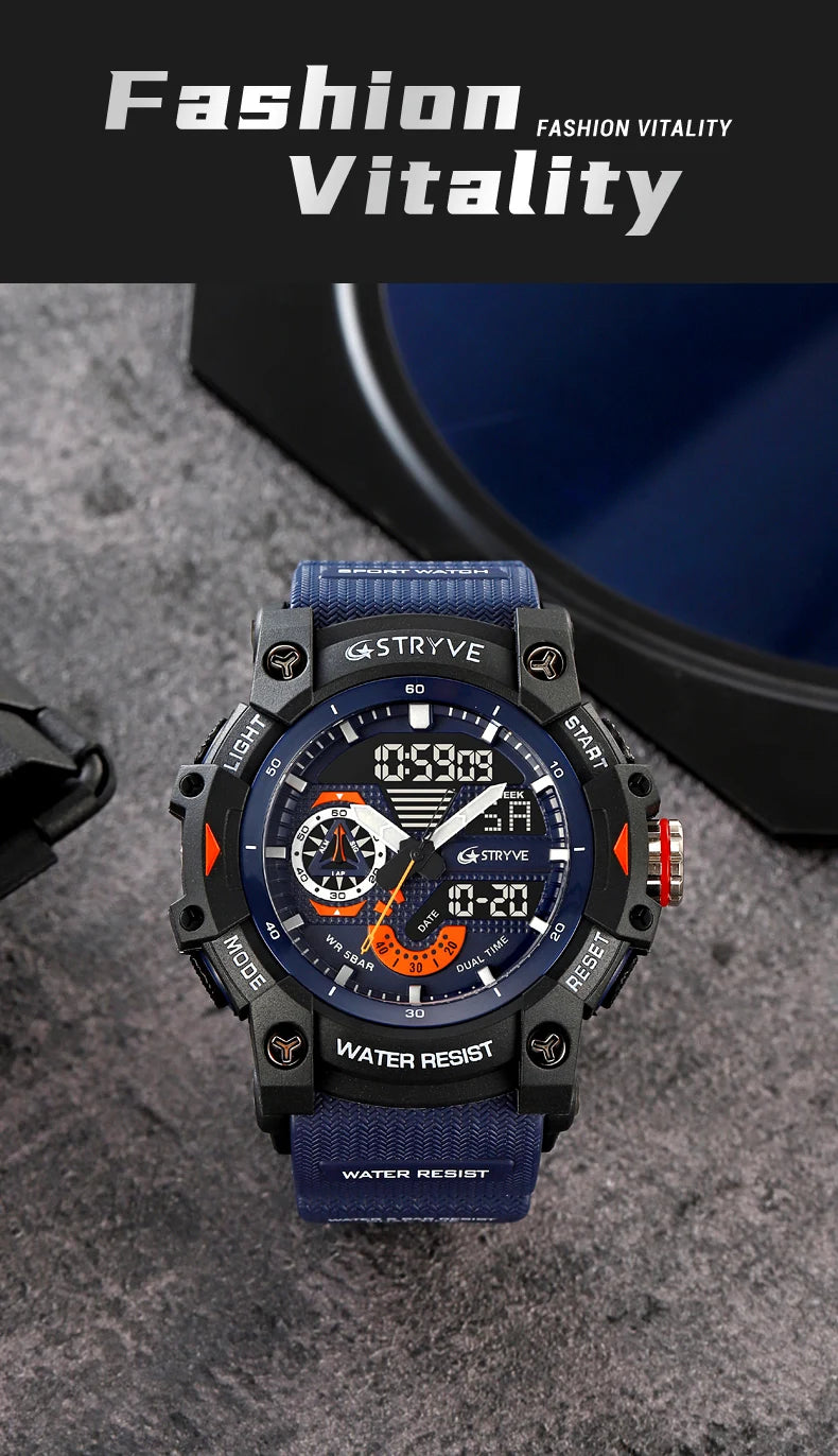 STRYVE Electronic Fashion Men's Sport Watches Shock Resistant 50M Waterproof Wristwatch LED Alarm Stopwatch Clock Men 8029