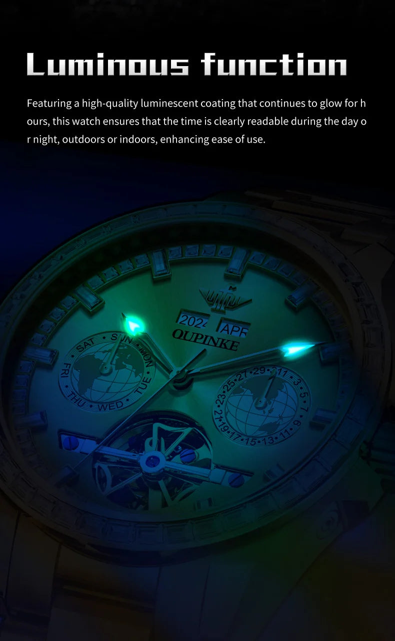 OUPINKE 3280 Mechanical Watch for Men Luxury Full Diamond Flywheel Skeleton Gold Stainless steel Date Automatic Men's Watch
