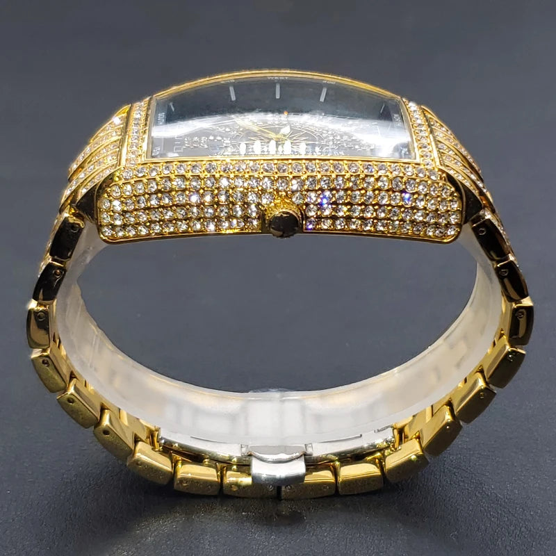 Classic 55mm Black Dial Wristwatch Men Famous Brand Diamond Silver Quartz Watch Original Ice Out Shiny Waterproof Clock 2023 New