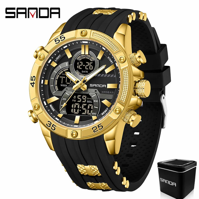 SANDA 6162 Men's Electronic Watch Creative Sports Waterproof Luminous Chronograph Pointer Digital Dual Display Wristwatches