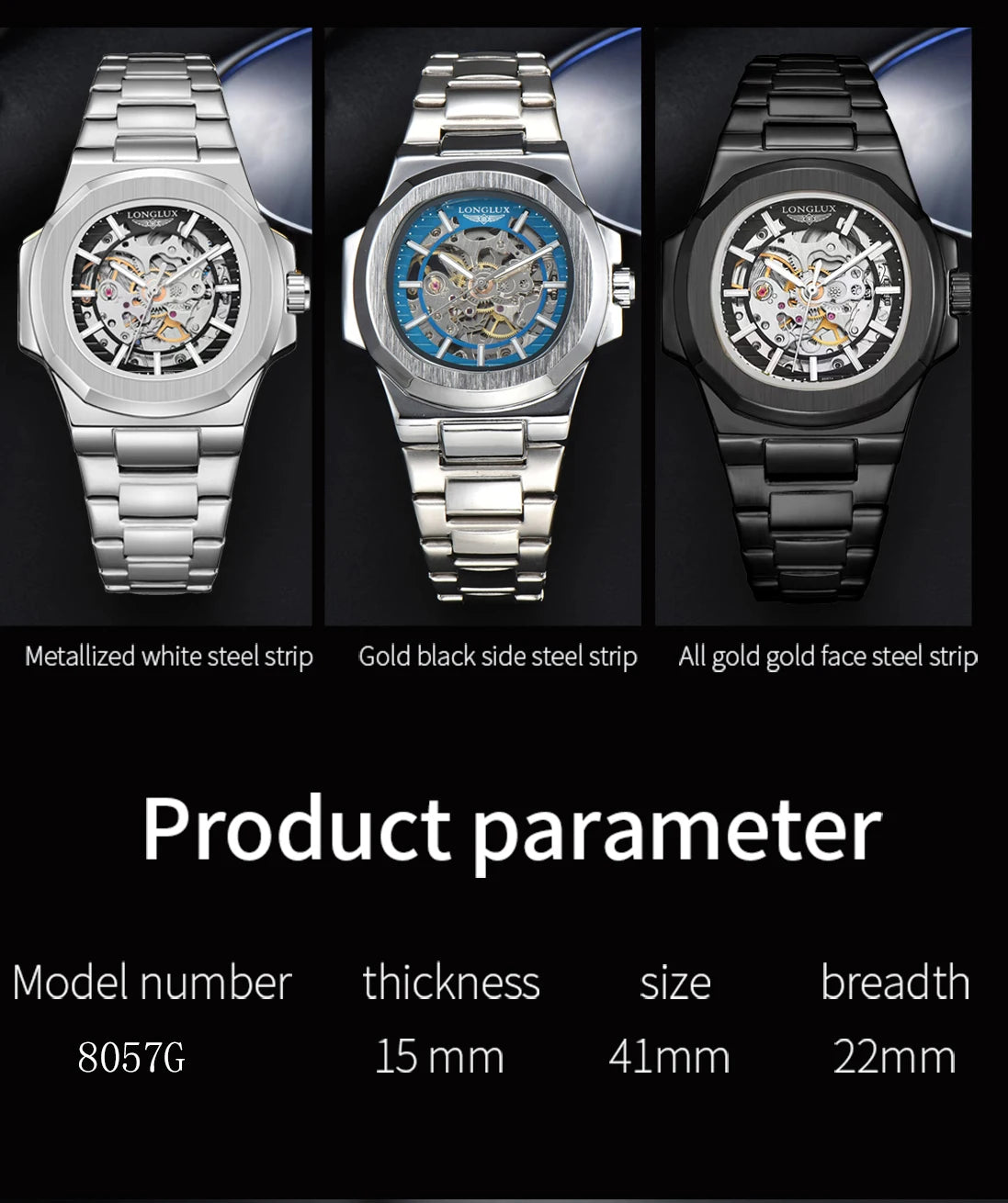 LONGLUX automatic man watch luxury wholesale mechanical wristwatches stainless steel skeleton waterproof mens watch men gift
