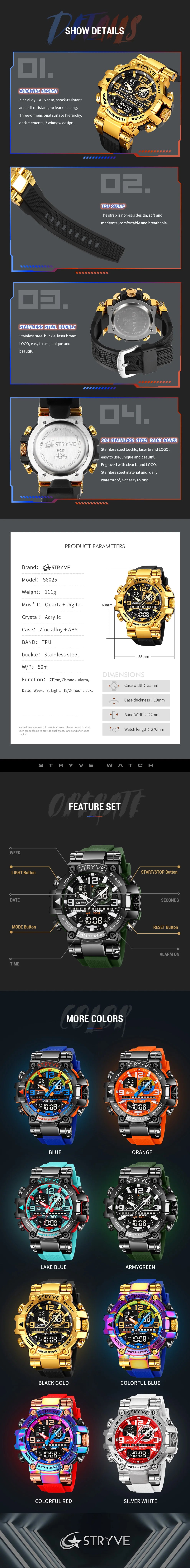 New STRYVE Watch for Men's High Quality Digital-Analog Dual Movement 5ATM Waterproof Watches Fashion Sports Men's Watch 8025