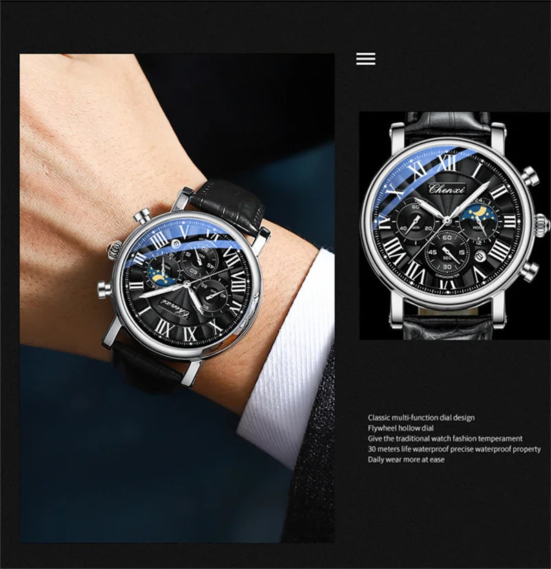CHENXI 973 Men's Wristwatch Multi-functional Business Watch Moon Phase Date Waterproof Rome Dial Leather Quartz Watches for Man