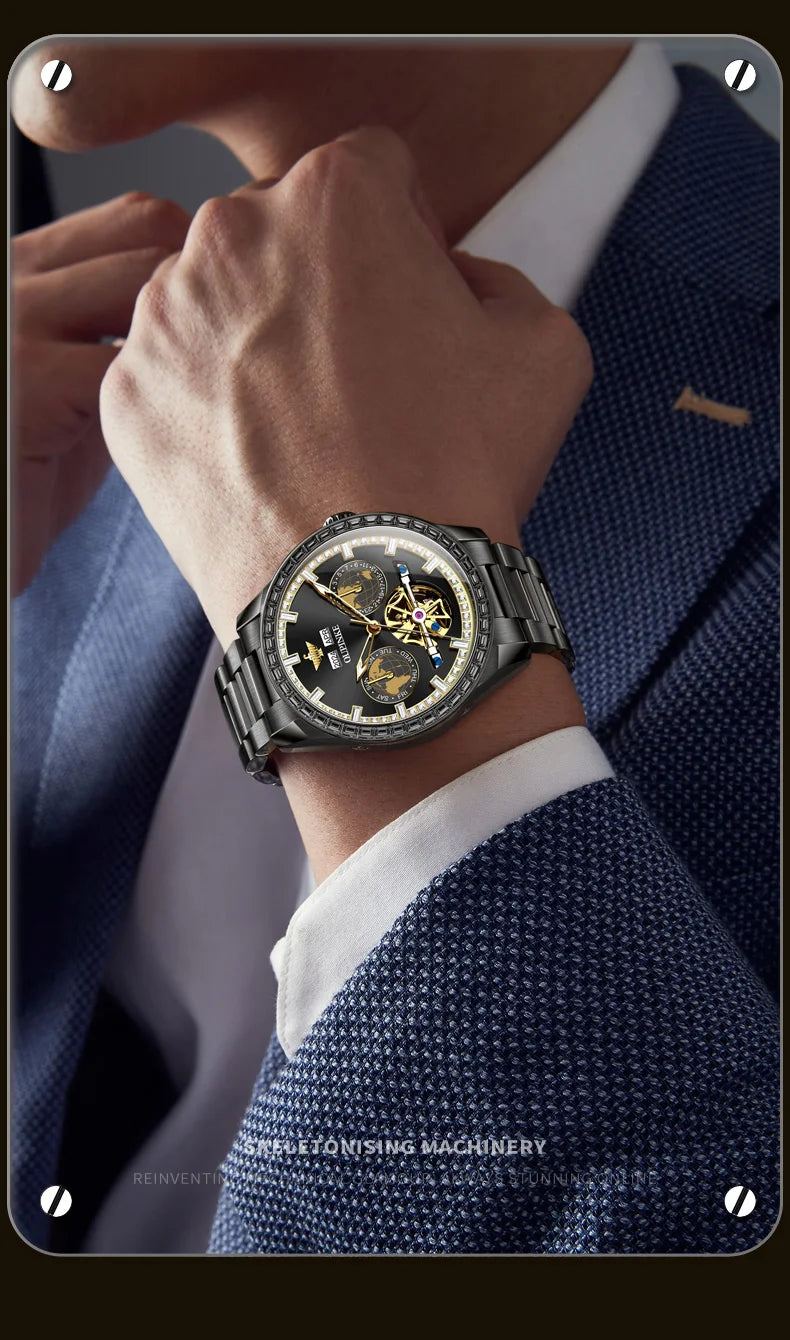 OUPINKE 3280 Mechanical Watch for Men Luxury Full Diamond Flywheel Skeleton Gold Stainless steel Date Automatic Men's Watch