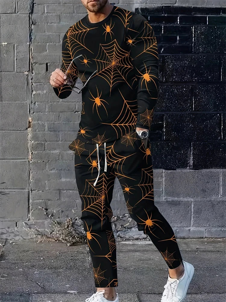 2024 New 3D Skull Print Men's Long Sleeve T-shirt And Pants Autumn Everyday Casual Men's Fashion Halloween Suit Two-piece