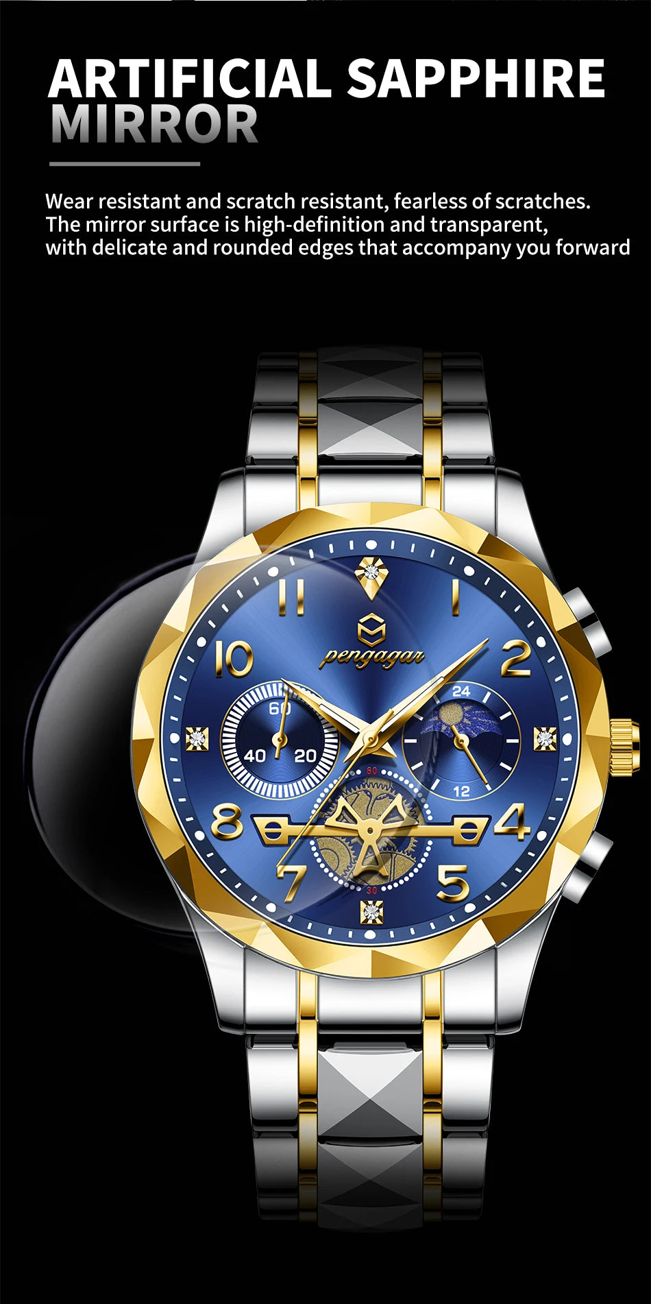 PENGAGAR Luxury Man Wristwatch Chronograph Waterproof Luminous Men Watch Stainless Steel High Quality Sport Men's Quartz Watches
