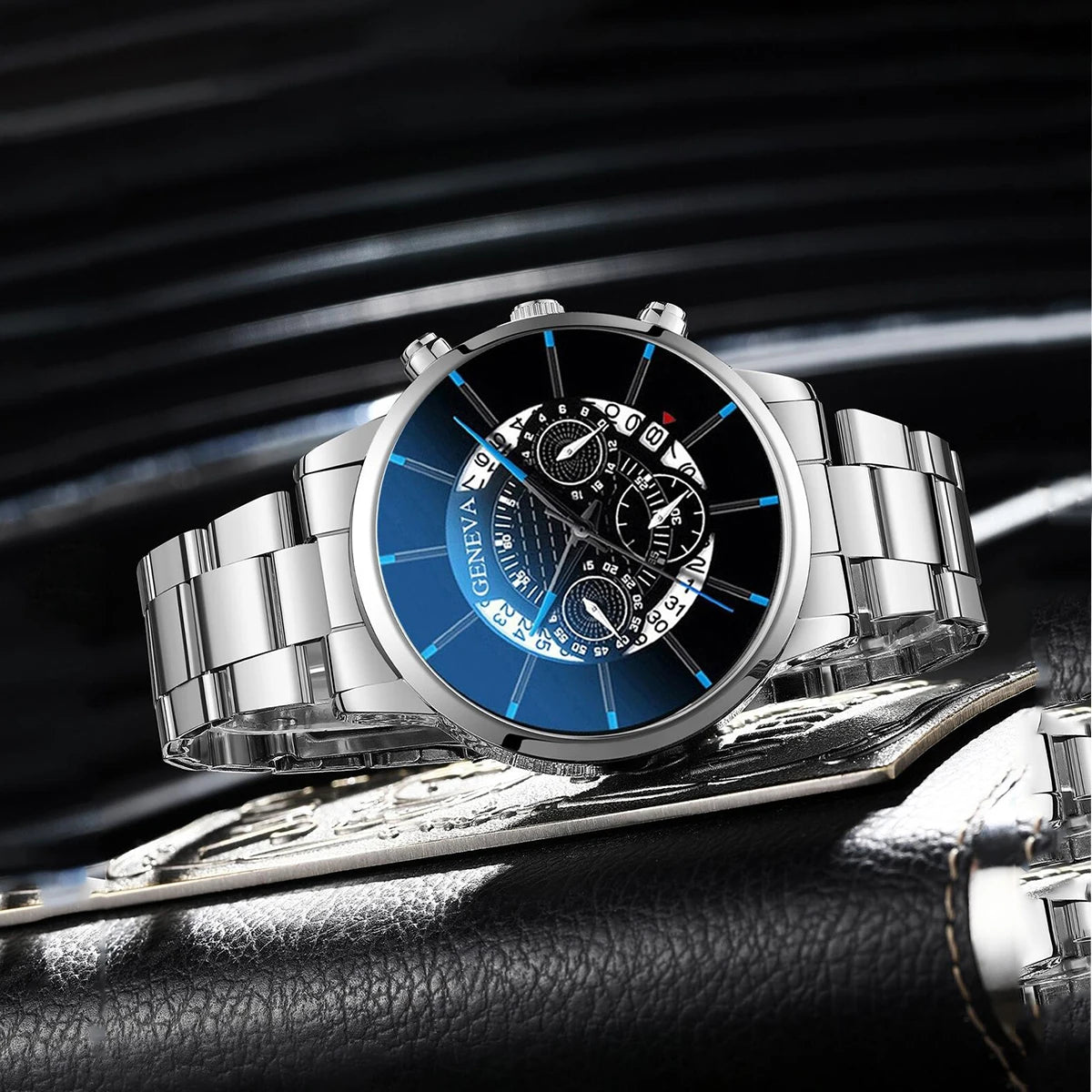 2PCS Men Business Watch Fashion Big Dial Steel Band Calendar Watches Sports Quartz Wristwatch Relogio Masculino(Without Box)