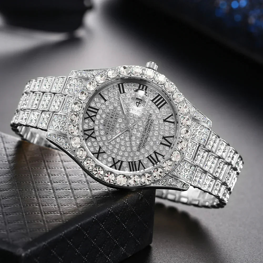 Luxury Men Watch Classic Golden Men Steel Strap Roman Rhinestone Calendar Quartz Watch Fashion Male Wristwatch Relogio Masculino