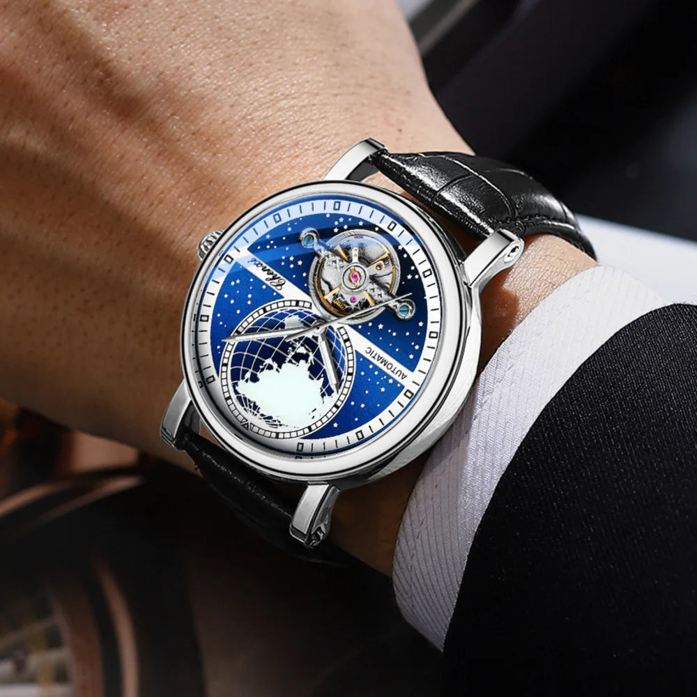 CHENXI Tourbillon Mens Watch Automatic Mechanical 8871 Classic Map Dial Waterproof Luminous Leather Watches for Men Reloj Hombre