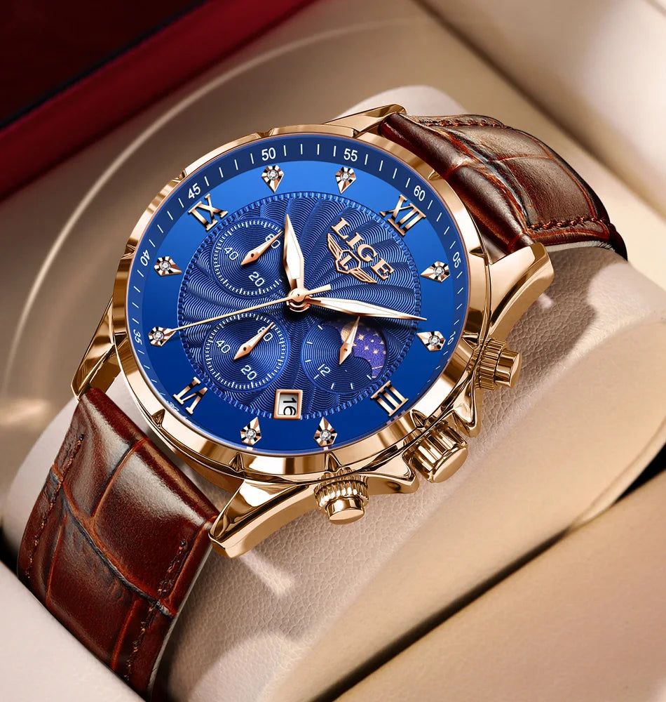 New Mens Watches LIGE Top Brand Luxury Leather Casual Quartz Watch Men's Sport Waterproof Clock Watch Relogios Masculino+Box
