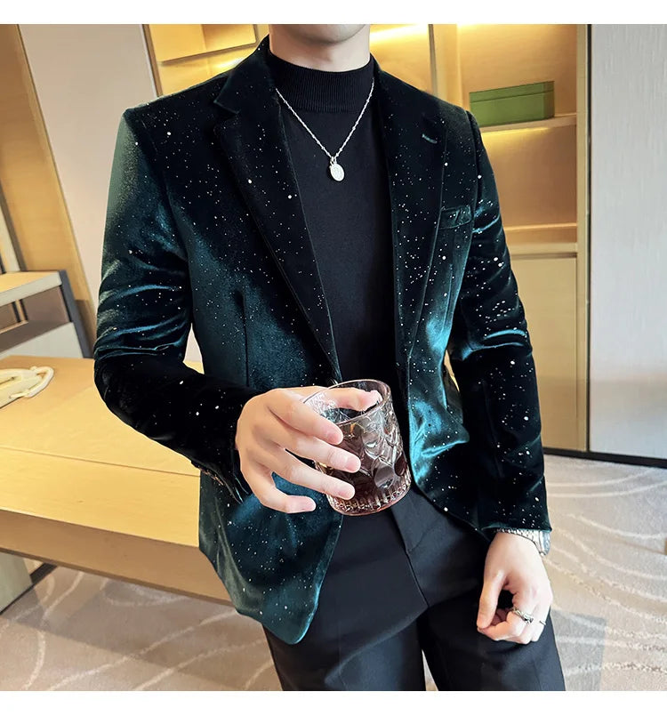 2024 Autumn New Velvet Jacket Men's Blazer Business Fashion Hot Stamping Printed Suit Jacket High-quality Luxury Dress Suit