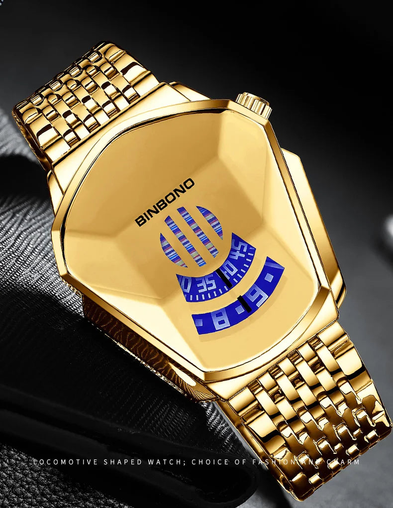 BINBOND Men Popular Fashion Motorcycle Concept Quartz Watch Luminous Steel Band Mesh Watch Touch Screen black technology watch