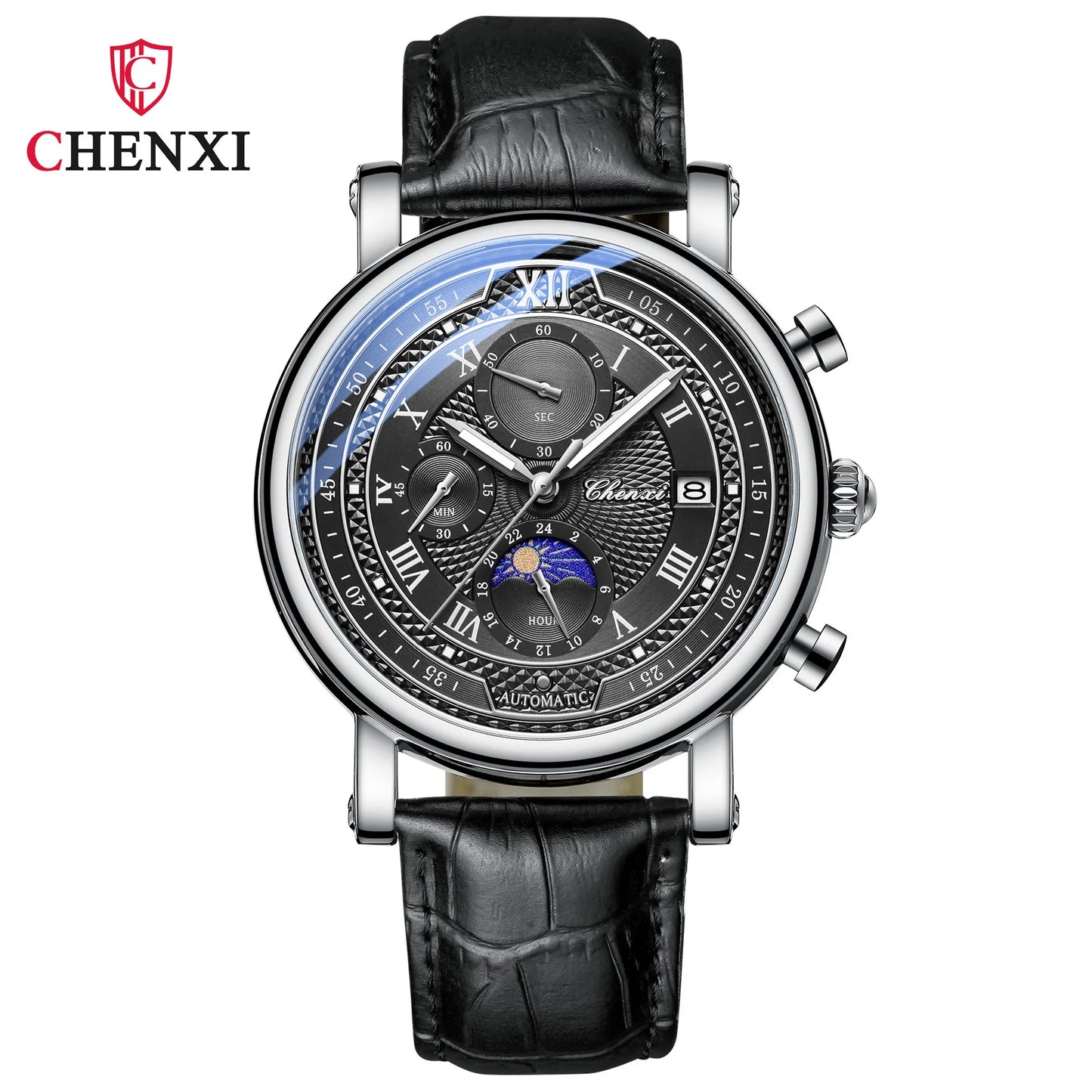 CHENXI 976 Men's Watch Leather Chronograph Date Quartz Watches Phase Moon Timing Business Luminous Wrist Watch Relojes para