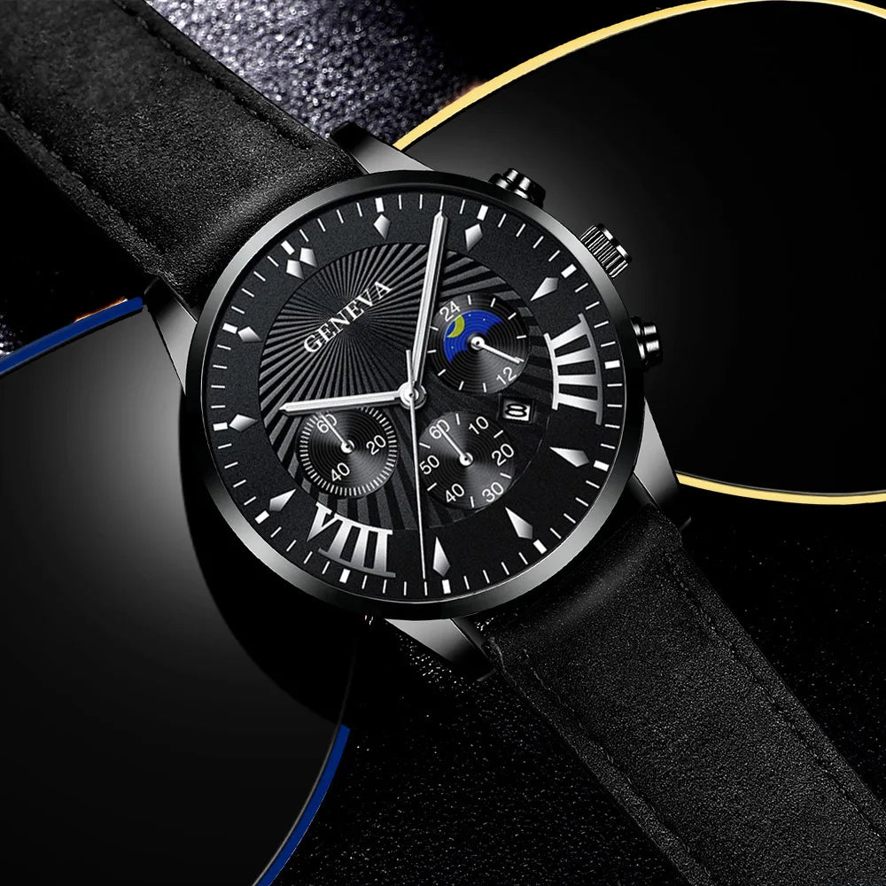 2PCS Set Fashion Mens Sports Watches Man Business Leather Bracelet Quartz Watch Luxury Men Casual Calendar Clock Reloj Hombre