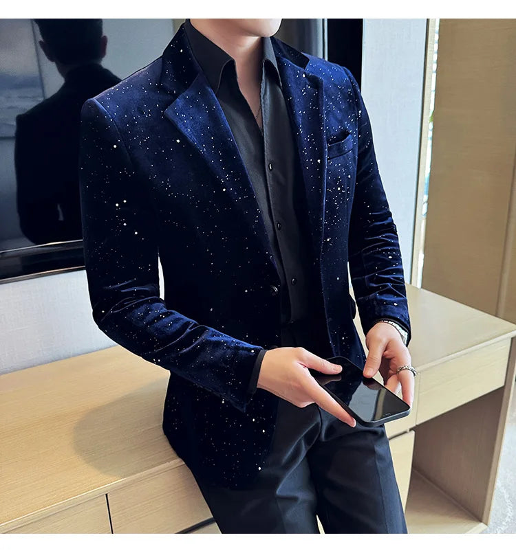 2024 Autumn New Velvet Jacket Men's Blazer Business Fashion Hot Stamping Printed Suit Jacket High-quality Luxury Dress Suit