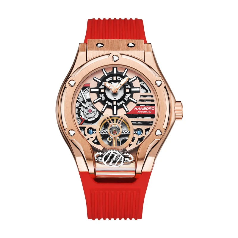HANBORO Car Design Mechanic Watch Luxury Men Watches Mechanical Wristwatches Earth Skeleton Flywheel Watch Orologio Uomo