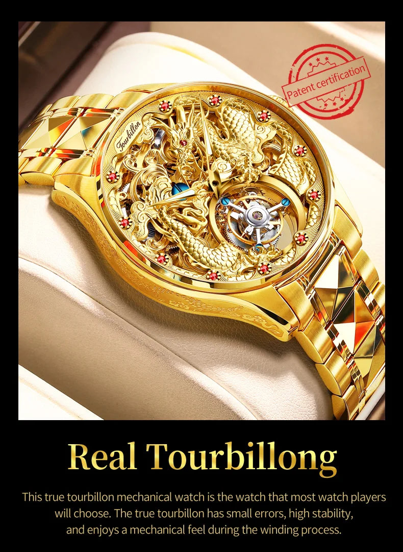 OUPINKE 3176 Luxury High end Fully Automatic Mechanical Tourbillon Watch Full Golden Dragon Dial Watch Sapphire Mirror Men Watch