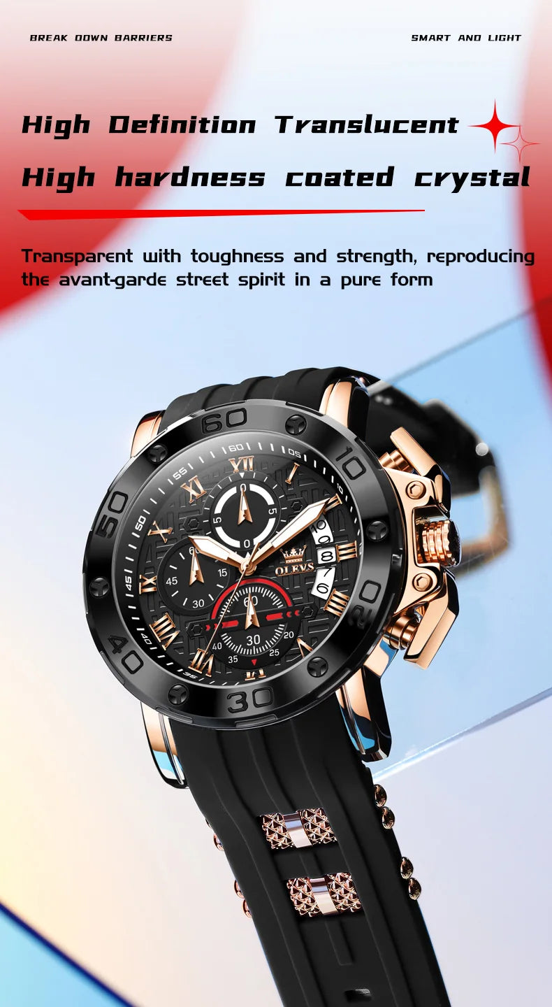 OLEVS 9986 Men Watch Silicone Strap Sports Multi functional Waterproof Luminous Timing Code Watch Luxury Brand Men Quartz Watch