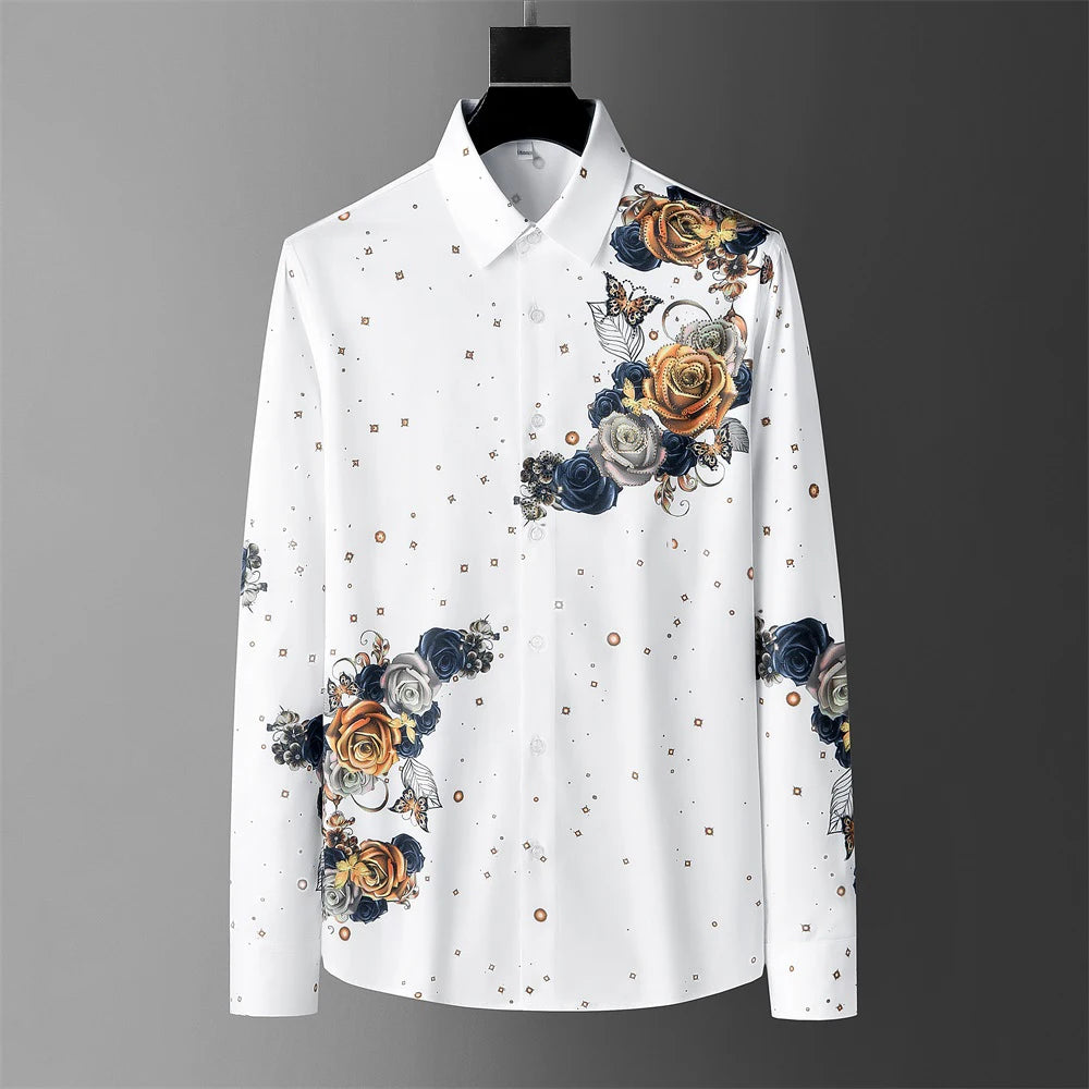 Men's luxury floral shirt business casual fit long sleeve social party tuxedo hot sale new style autumn and winter fashion new