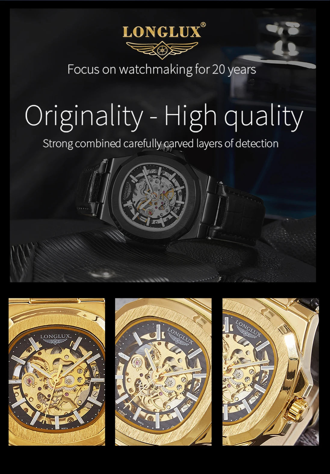 LONGLUX automatic man watch sport style wholesale mechanical wristwatches fashion hollow leather man watch men gift