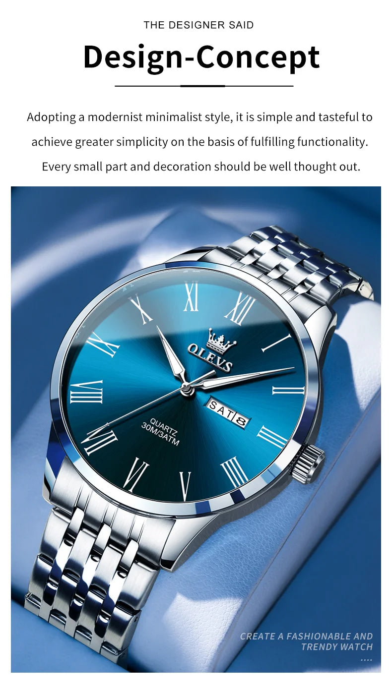 OLEVS 3633 Men's Watch Business Simply Original Quartz Watch for Man Waterproof Luminous Stainless Steel Dual Calendar Display