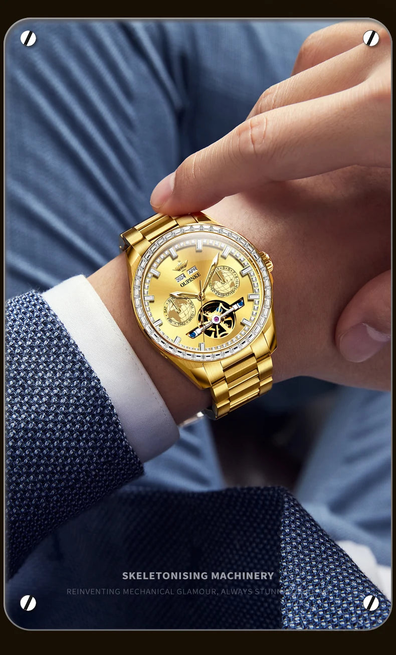 OUPINKE 3280 Mechanical Watch for Men Luxury Full Diamond Flywheel Skeleton Gold Stainless steel Date Automatic Men's Watch