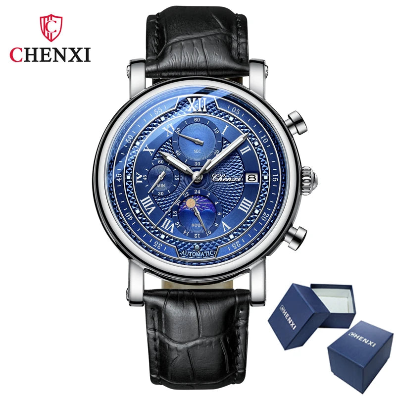 CHENXI 976 Men's Watch Leather Chronograph Date Quartz Watches Phase Moon Timing Business Luminous Wrist Watch Relojes para