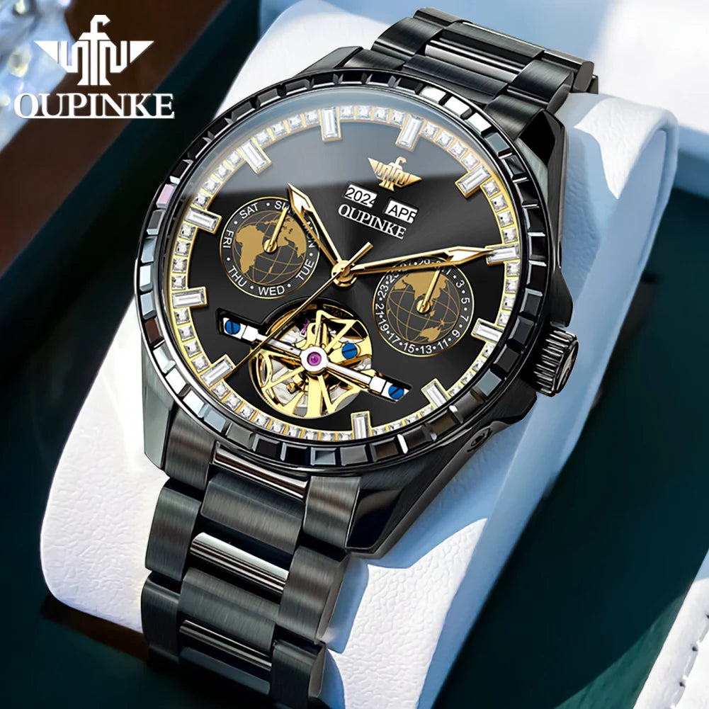 OUPINKE 3280 Mechanical Watch for Men Luxury Full Diamond Flywheel Skeleton Gold Stainless steel Date Automatic Men's Watch