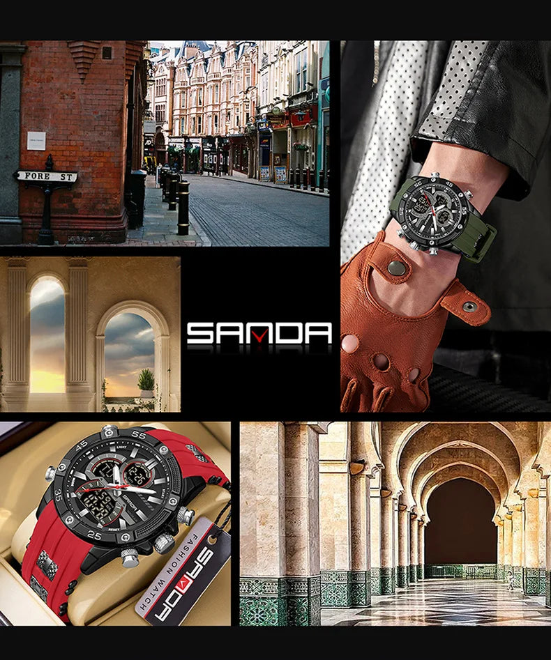 SANDA 6162 Men's Electronic Watch Creative Sports Waterproof Luminous Chronograph Pointer Digital Dual Display Wristwatches