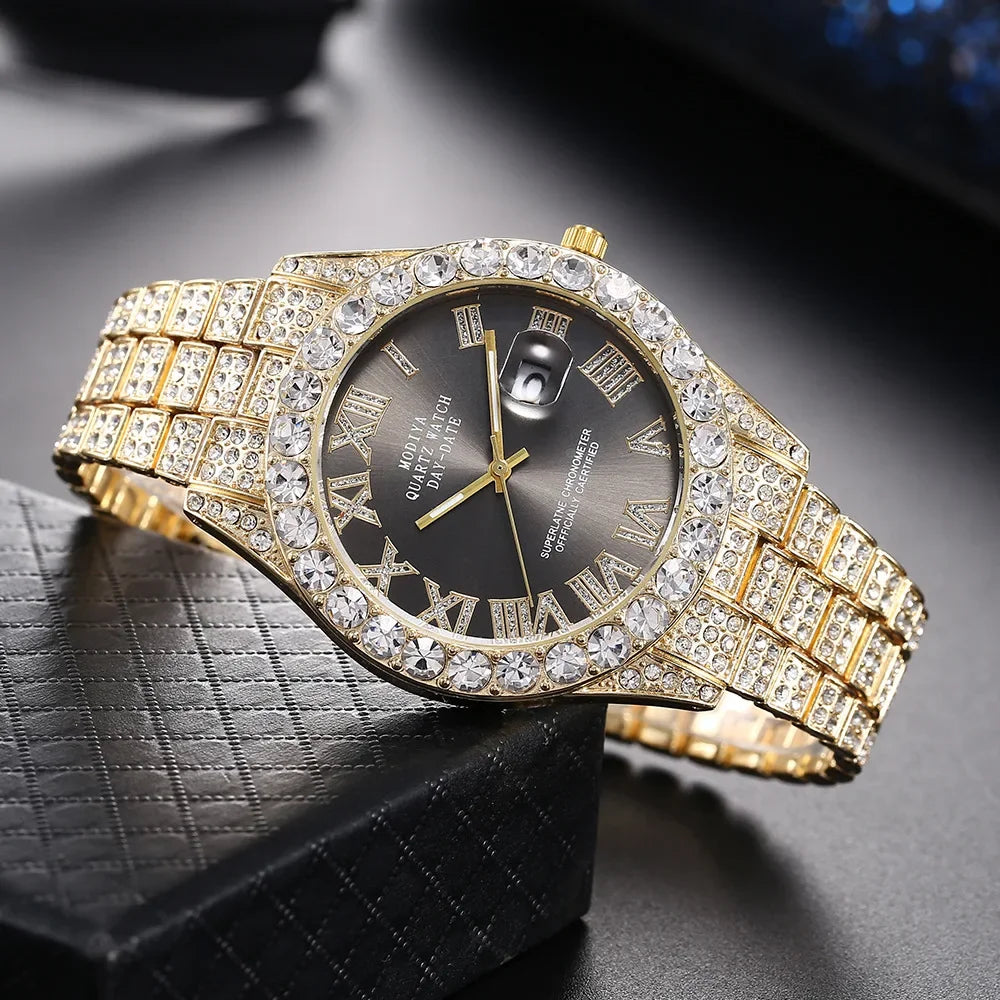 Luxury Men Watch Classic Golden Men Steel Strap Roman Rhinestone Calendar Quartz Watch Fashion Male Wristwatch Relogio Masculino