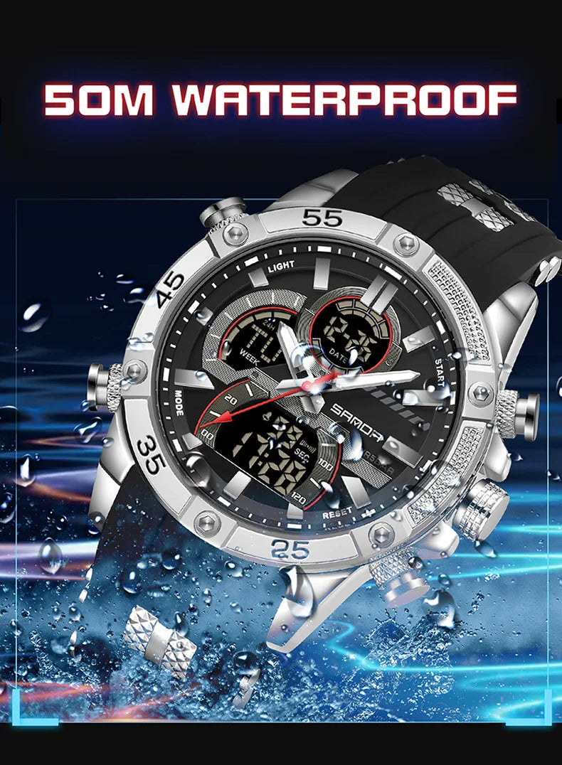 SANDA 6162 Men's Electronic Watch Creative Sports Waterproof Luminous Chronograph Pointer Digital Dual Display Wristwatches