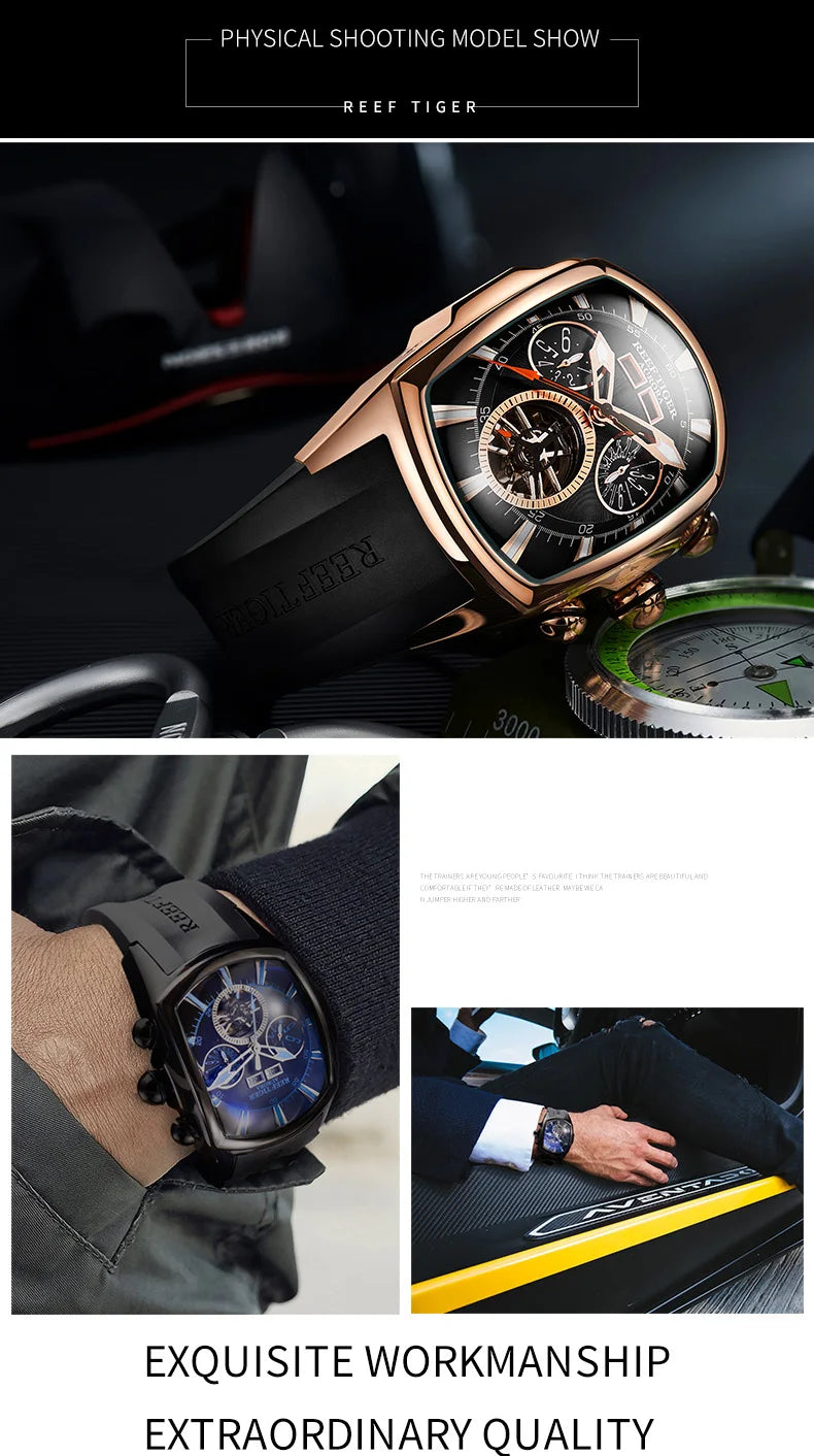 Reef Tiger/RT Designer Sport Watches with Tourbillon Stainless Steel Rubber Strap Blue Dial Automatic Watches RGA3069