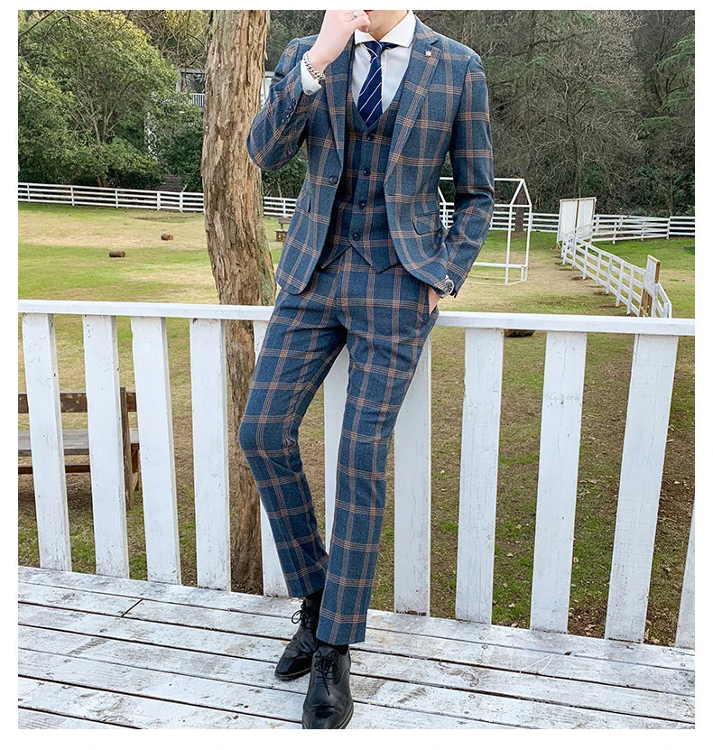 Blazers Pants Set 2 Pieces Set, 2024 Men's Business Casual Men Plaid Suit Jacket and Trousers, Asian Size M-5XL