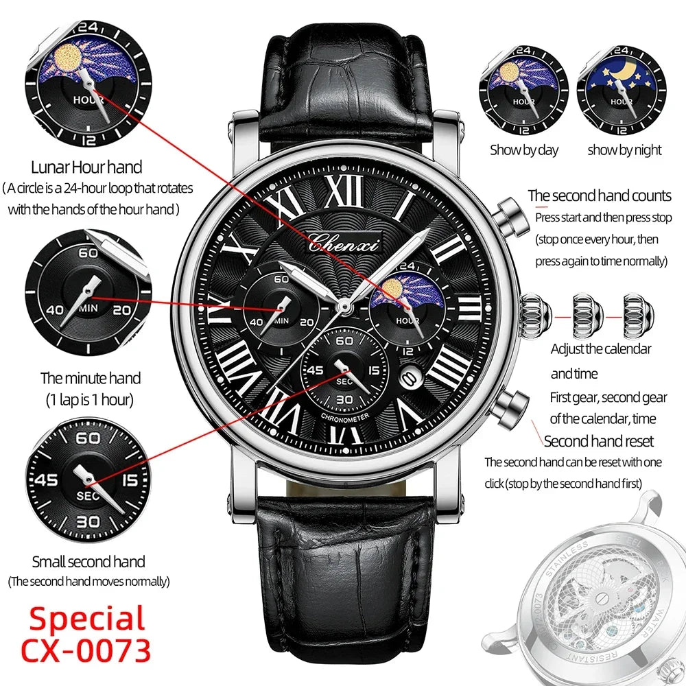 CHENXI 2024 Watches For Men Leather Strap Skeleton Quartz Sweep Second Movement Mens Watch Waterproof Chronograph Wristwatches