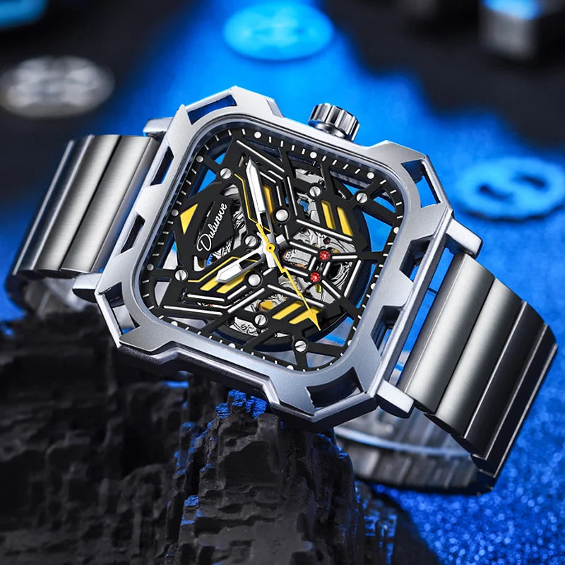Square Skeleton Dial Mens Watches Top Brand Luxury Luminous Sports Automatic Mechanical Watch Waterproof Steel Reloj Hombre