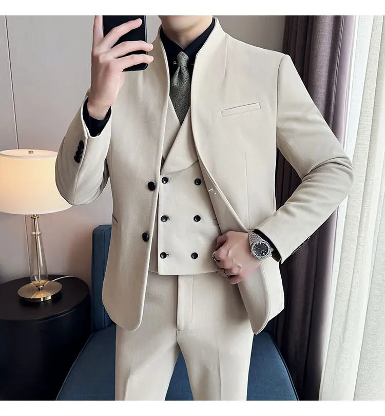 Korean Style Men's Suit Set Slim Fit Business Suit Wool Blazer Three Piece Set Elegant Social Formal Men's Clothing 5XL-M