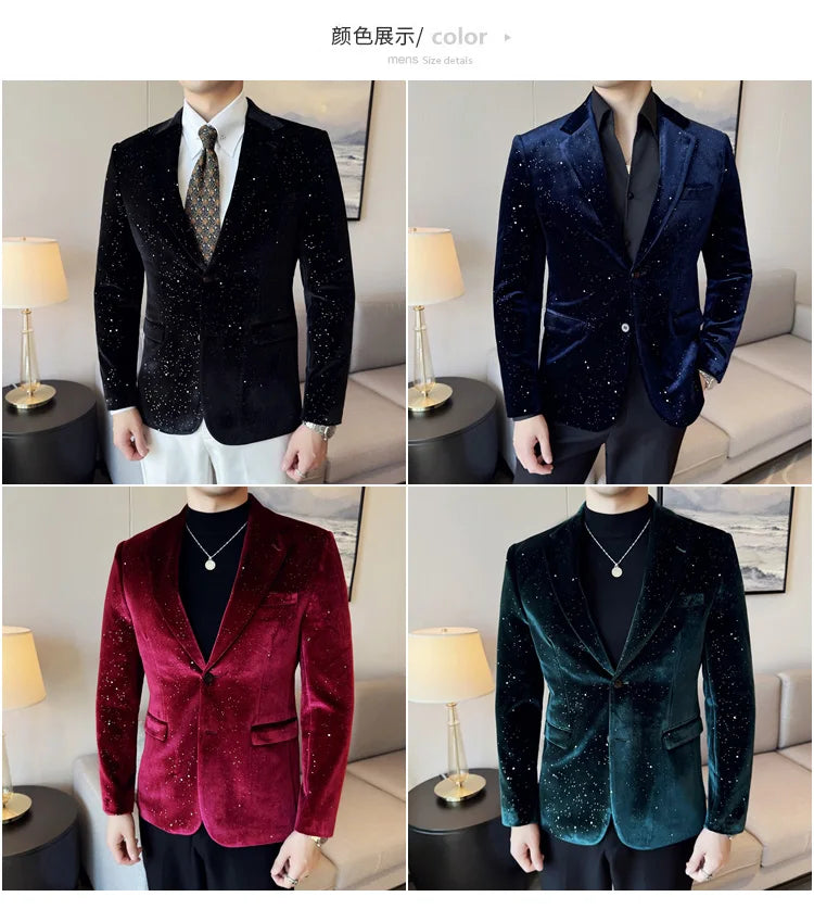 2024 Autumn New Velvet Jacket Men's Blazer Business Fashion Hot Stamping Printed Suit Jacket High-quality Luxury Dress Suit